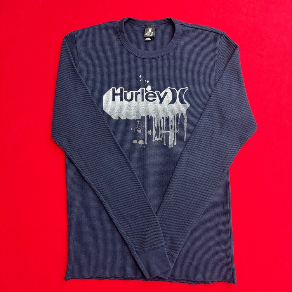VTG Y2K Hurley Men Navy Blue Waffle Knit Thermal Long Sleeve Graphic Shirt M